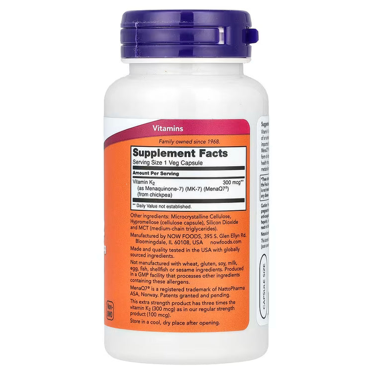 MK-7 Vitamin K-2, 300mcg Extra Strength, 120 vcaps, NOW Foods - Vitax.ro