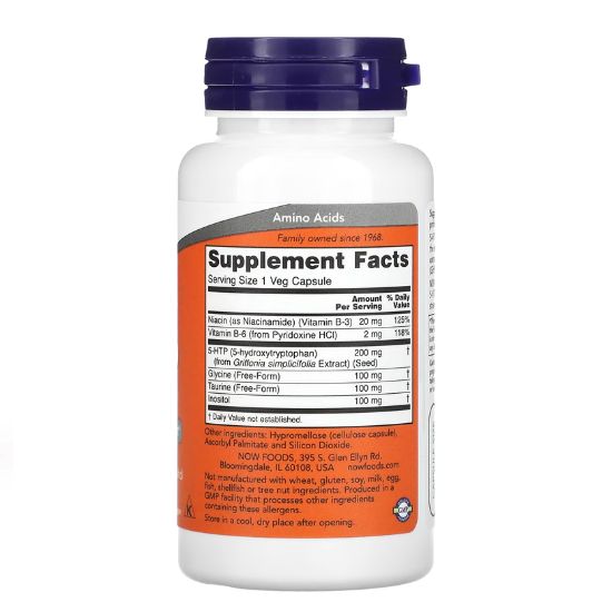 5-HTP cu Glycine Taurine & Inositol 200mg, 60 vcaps, NOW Foods - Vitax.ro