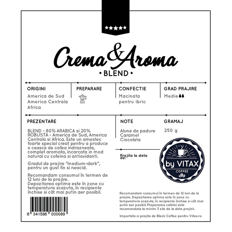 Blend Crema & Aroma Blend - Cafea de Specialitate 250g, Macinata - Vitax.ro