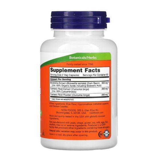 Boswellia Extract Plus Turmeric Root Extract, 250mg, 120 vcaps, NOW Foods - Vitax.ro