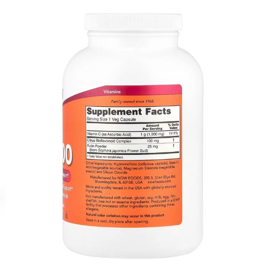 Vitamin C-1000 with 100mg Bioflavonids, 500 vcaps, NOW Foods - Vitax.ro