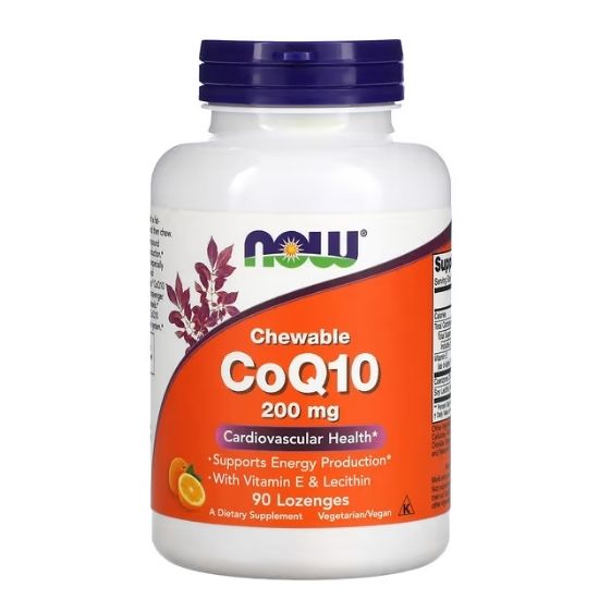 CoQ10 with Lecithin & Vitamin E, 200mg (Chewable), 90 lozenges, NOW Foods - Vitax.ro