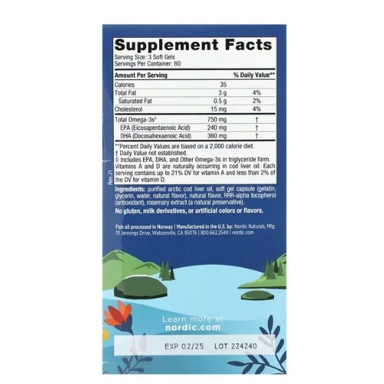 Arctic Cod Liver Oil, 750mg Lemon, 180 softgels, Nordic Naturals - Vitax.ro