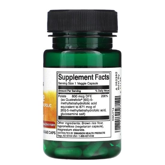 Folate (5-Methyltetrahydrofolic Acid), 800mcg, 30 vcaps, Swanson - Vitax.ro