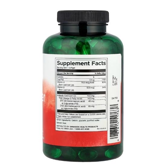 Cod Liver Oil, 700mg Double-Strength, 250 softgels, Swanson - Vitax.ro