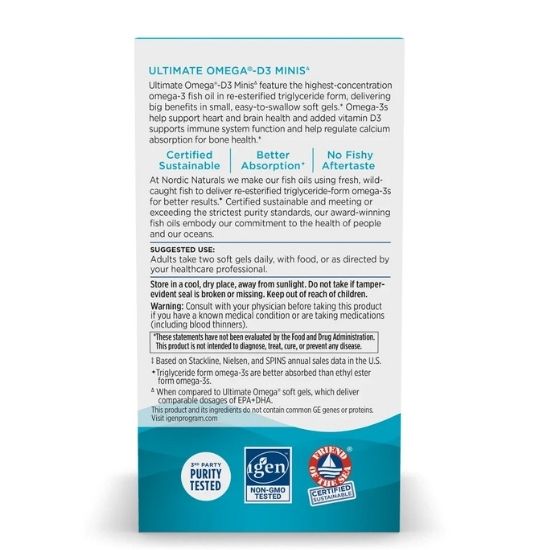 Ultimate Omega D3 Minis, 1120mg, Lemon, 60 softgels, Nordic Naturals - Vitax.ro