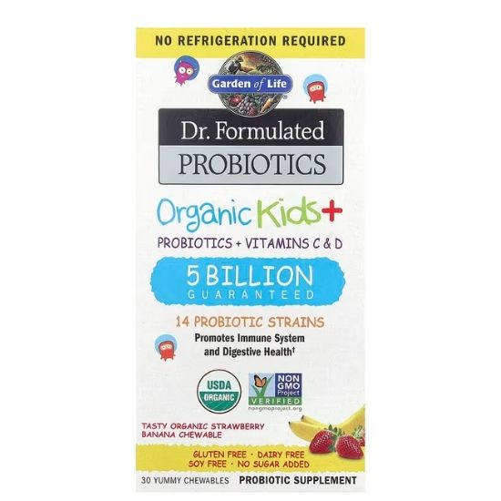 Dr. Formulated Probiotics Organic Kids+, Strawberry Banana, 30 chewables, Garden of Life - Vitax.ro