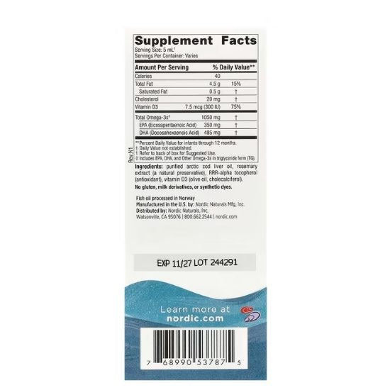 Baby's DHA Fish Oil, 1050mg Omega-3 with Vitamin D3, 60 ml, Nordic Naturals - Vitax.ro