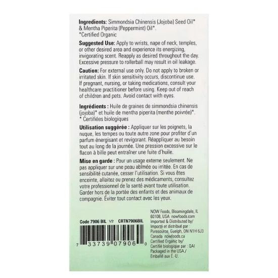 Essential Oil Roll-On, Peppermint, 10 ml, NOW Foods - Vitax.ro