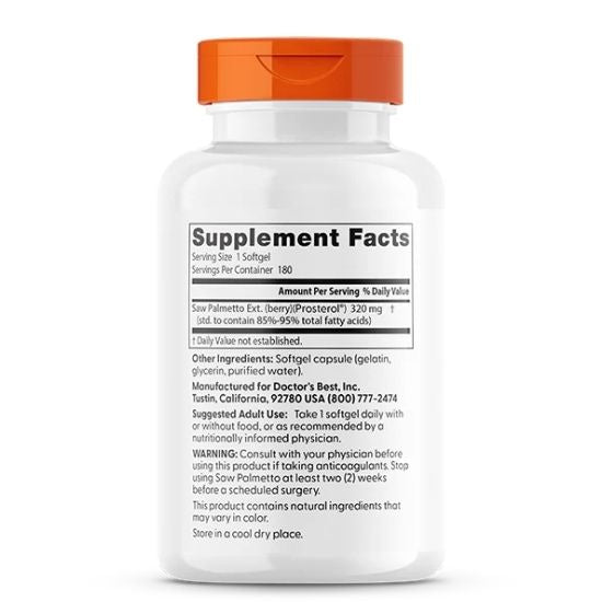 Saw Palmetto Standardized Extract, 320mg, 180 softgels, Doctor's Best - Vitax.ro