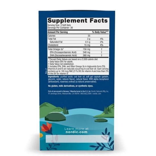 Arctic Cod Liver Oil, 750mg Lemon, 90 softgels, Nordic Naturals - Vitax.ro