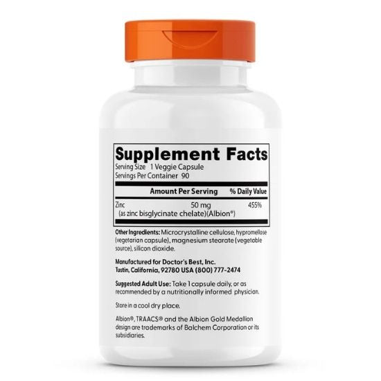 High Absorption Zinc Bisglycinate, 50mg, 90 vcaps, Doctor's Best - Vitax.ro
