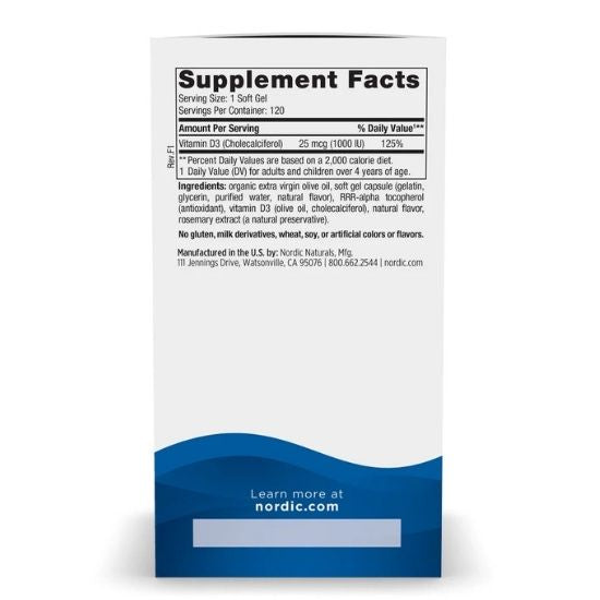 Nordic Vitamin D3, 1000 IU, 120 softgels, Nordic Naturals - Vitax.ro