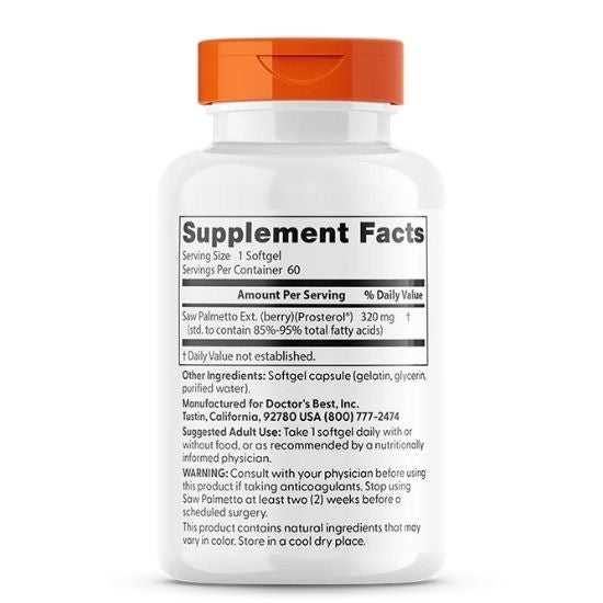 Saw Palmetto Standardized Extract cu Prosterol, 320mg, 60 softgels, Doctor's Best - Vitax.ro