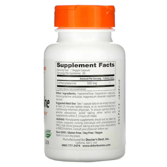 D-Phenylalanine, 500mg, 60 vcaps, Doctor's Best - Vitax.ro