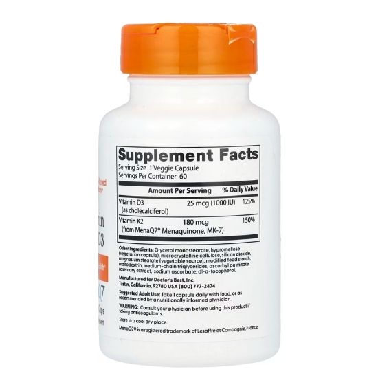 Natural Vitamin K2 MK7 cu MenaQ7 plus D3, 180mcg, 60 vcaps, Doctor's Best - Vitax.ro