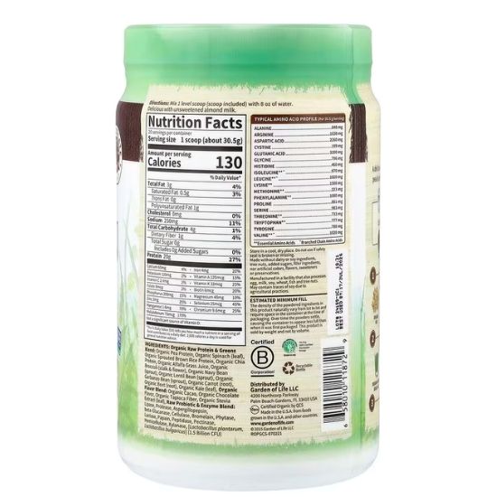 Raw Organic Protein & Greens, Chocolate, 610g, Garden of Life - Vitax.ro