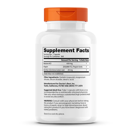 Betaine HCl Pepsin & Gentian Bitters, 360 caps, Doctor's Best - Vitax.ro