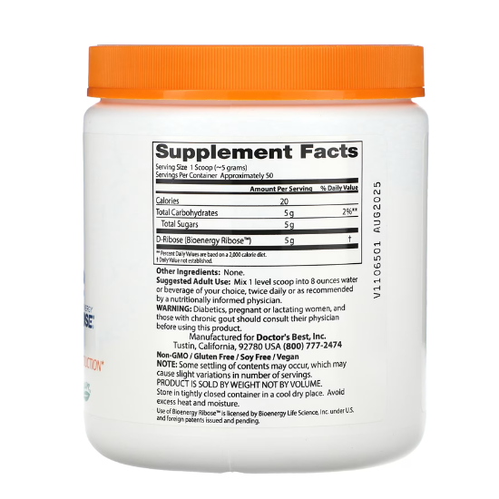 D-Ribose, Powder, 250g, Doctor's Best - Vitax.ro