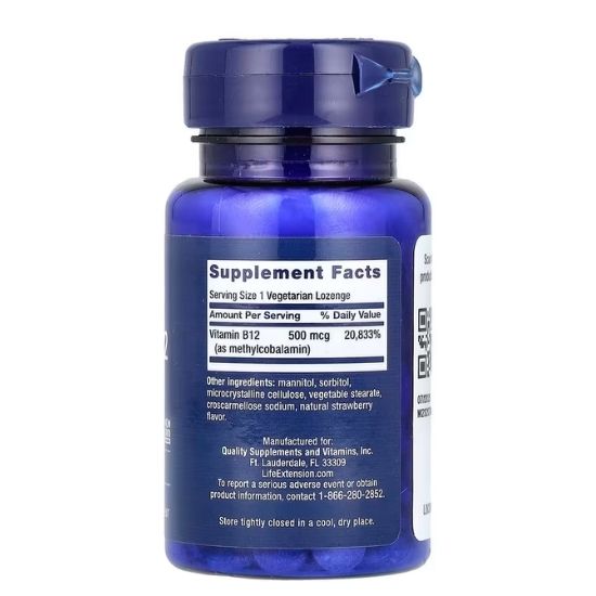 Vitamin B12 Methylcobalamin, 500mcg, 100 vegetarian lozenges, Life Extension - Vitax.ro