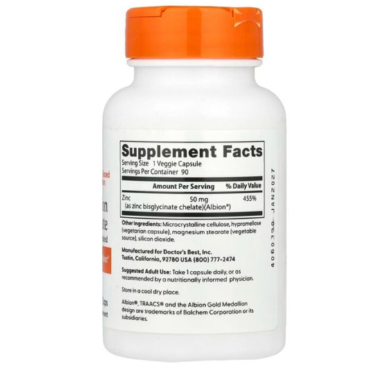 High Absorption Zinc Bisglycinate, 50mg, 90 vcaps, Doctor's Best - Vitax.ro