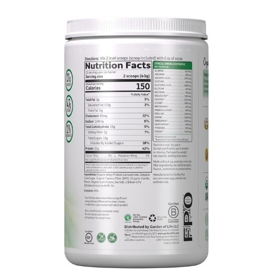 Organic Whey Protein, Grass Fed, Lightly Sweet, 480g, Garden of Life - Vitax.ro