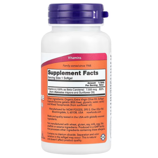Beta Carotene Natural, 25 000 IU, 90 softgels, NOW Foods - Vitax.ro
