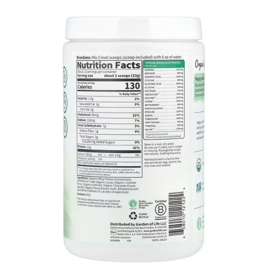 Organic Whey Protein Grass Fed, Chocolate Cacao, 396g, Garden of Life - Vitax.ro