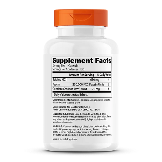 Betaine HCl Pepsin & Gentian Bitters, 120 caps, Doctor's Best - Vitax.ro