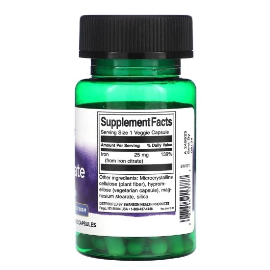 Iron Citrate, 25mg, 60 vcaps, Swanson - Vitax.ro