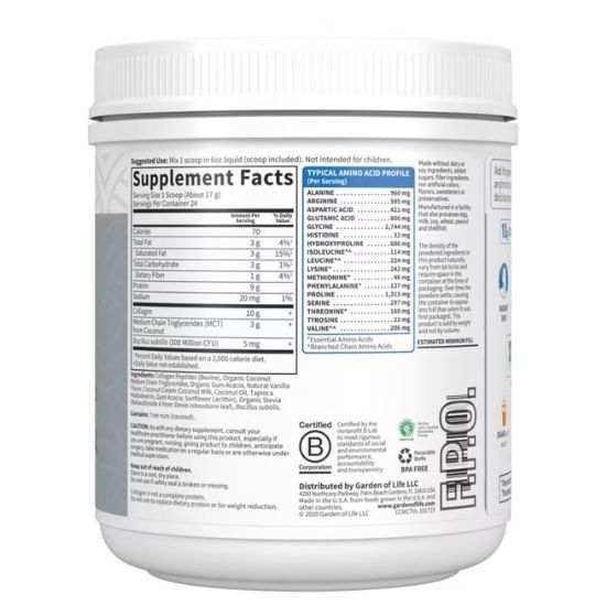 Grass Fed Collagen Coconut MCT, Vanilla, 408g, Garden of Life - Vitax.ro