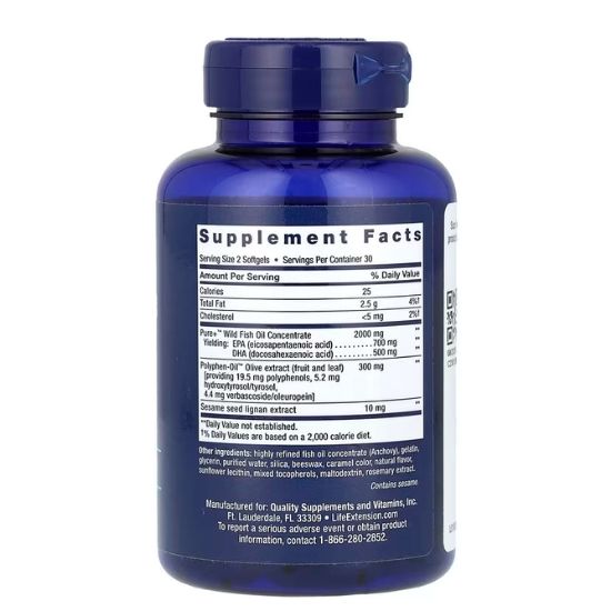 Super Omega-3 EPA/DHA with Sesame Lignans & Olive Extract, 60 softgels, Life Extension - Vitax.ro