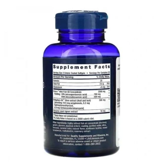 Super Omega-3 EPA/DHA with Sesame Lignans & Olive Extract, 60 enteric coated softgels, Life Extension - Vitax.ro