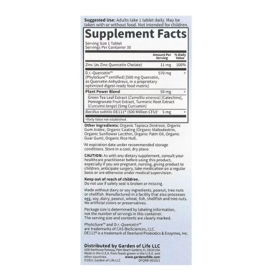 Dr. Formulated Quercetin Recovery, 500mg, 30 vegan tabs, Garden of Life - Vitax.ro