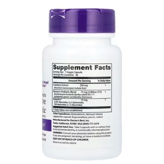 Women's Digestive Probiotic Prebiotic With Cranberry, 30 vcaps, Doctor's Best - Vitax.ro