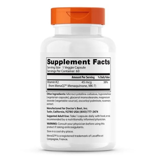 Natural Vitamin K2 MK7 cu MenaQ7, 45mcg, 60 vcaps, Doctor's Best - Vitax.ro