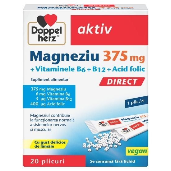 Magneziu 375 mg + Vitaminele B6 + B12 + Acid folic, Direct, 20 plicuri, Doppelherz - Vitax.ro
