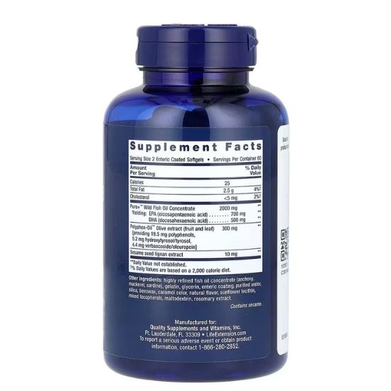 Super Omega-3 EPA/DHA with Sesame Lignans & Olive Extract, 120 enteric coated softgels, Life Extension - Vitax.ro