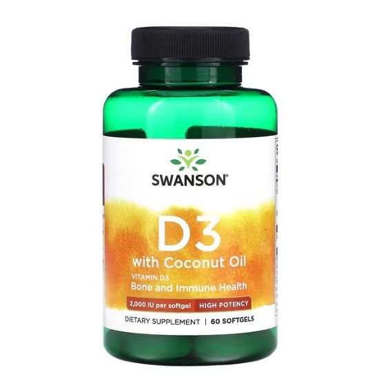 Vitamin D-3 with Coconut Oil, 2000 IU, 60 softgels, Swanson - Vitax.ro