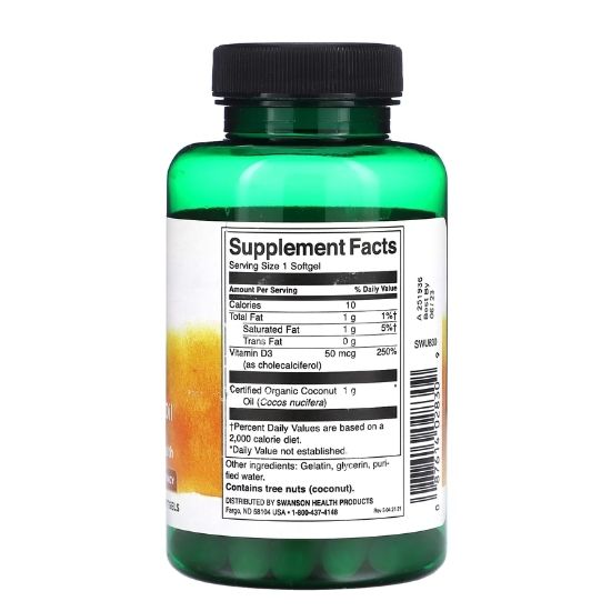 Vitamin D-3 with Coconut Oil, 2000 IU, 60 softgels, Swanson - Vitax.ro