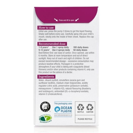 Vitamin D+K2 Kids' Daily Oral Spray, Bubblegum & Blueberry, 15 ml, BetterYou - Vitax.ro