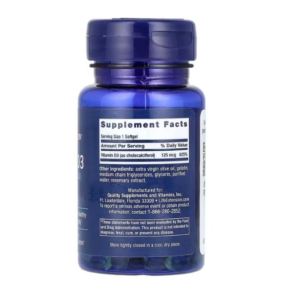 Vitamin D3, 5000IU, 60 softgels, Life Extension - Vitax.ro