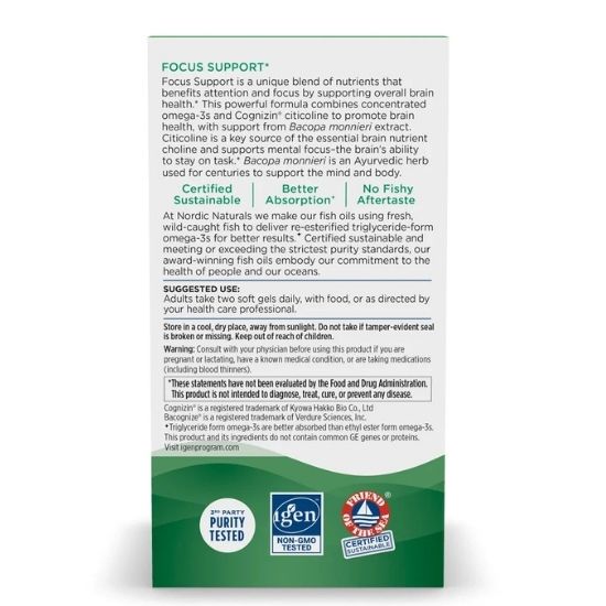 Focus Support with Citicoline & Bacopa Extract, 1280mg, 60 softgels, Nordic Naturals - Vitax.ro