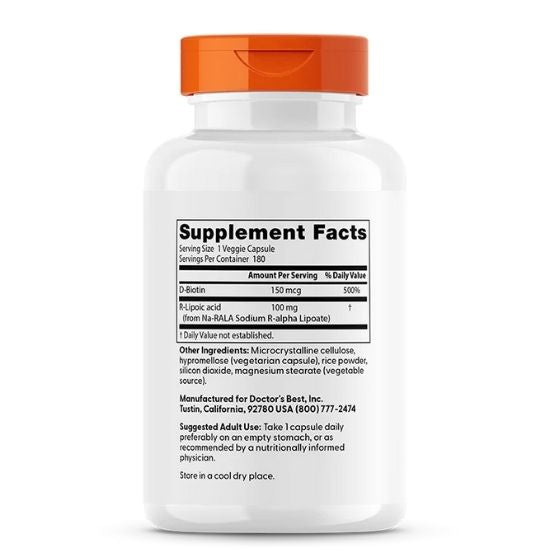 Stabilized R-Lipoic Acid cu BioEnhanced Na-RALA, 100mg, 180 vcaps, Doctor's Best - Vitax.ro