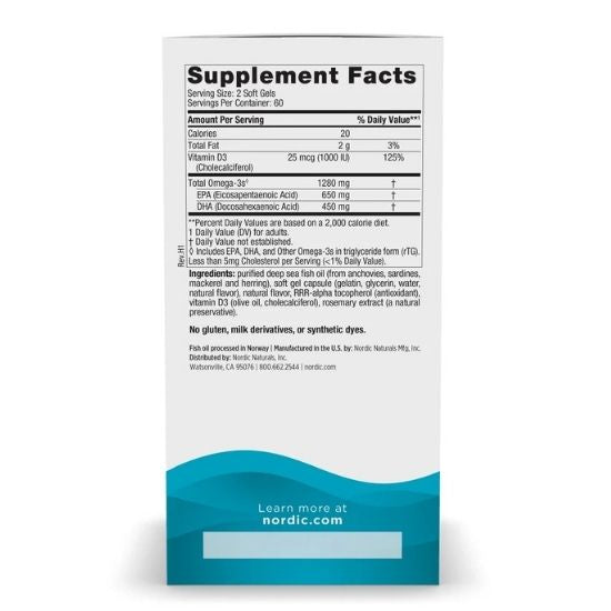 Ultimate Omega-D3 Fish Oil, 1280mg Lemon, 120 softgels, Nordic Naturals - Vitax.ro