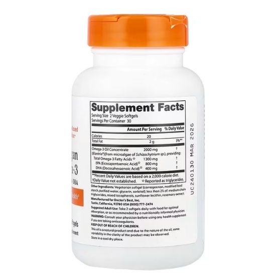 Vegan Omega-3 EPA + DHA, 60 veggie softgels, Doctor's Best - Vitax.ro