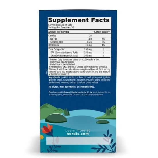 Arctic Cod Liver Oil, 750mg, Lemon, 90 softgels, Nordic Naturals - Vitax.ro