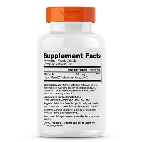 Natural Vitamin K2 MK7 with MenaQ7, 100mcg, 60 vcaps, Doctor's Best - Vitax.ro