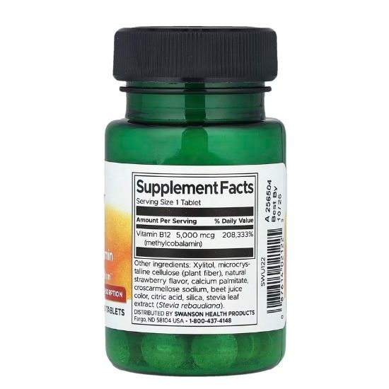 Vitamin B-12 Methylcobalamin, 5000mcg High Absorption, 60 tabs, Swanson - Vitax.ro