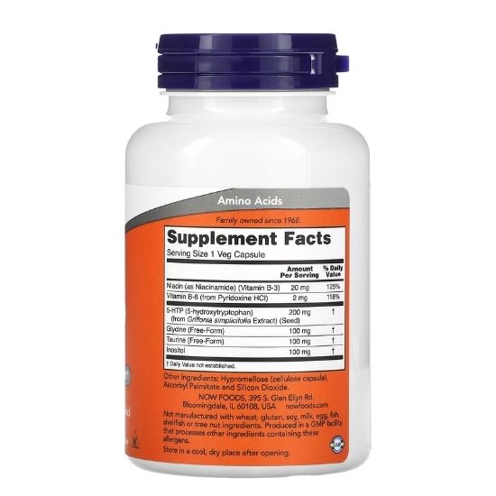 5-HTP cu Glycine Taurine & Inositol, 200mg, 120 vcaps, NOW Foods - Vitax.ro